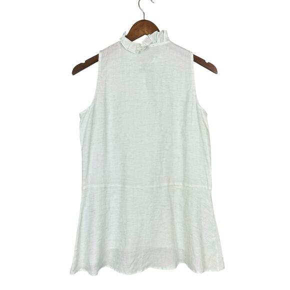 Worth Pastel Green Linen Blend Sleeveless Button Up Ruffle Mock Neck Shirt - Picture 4 of 10